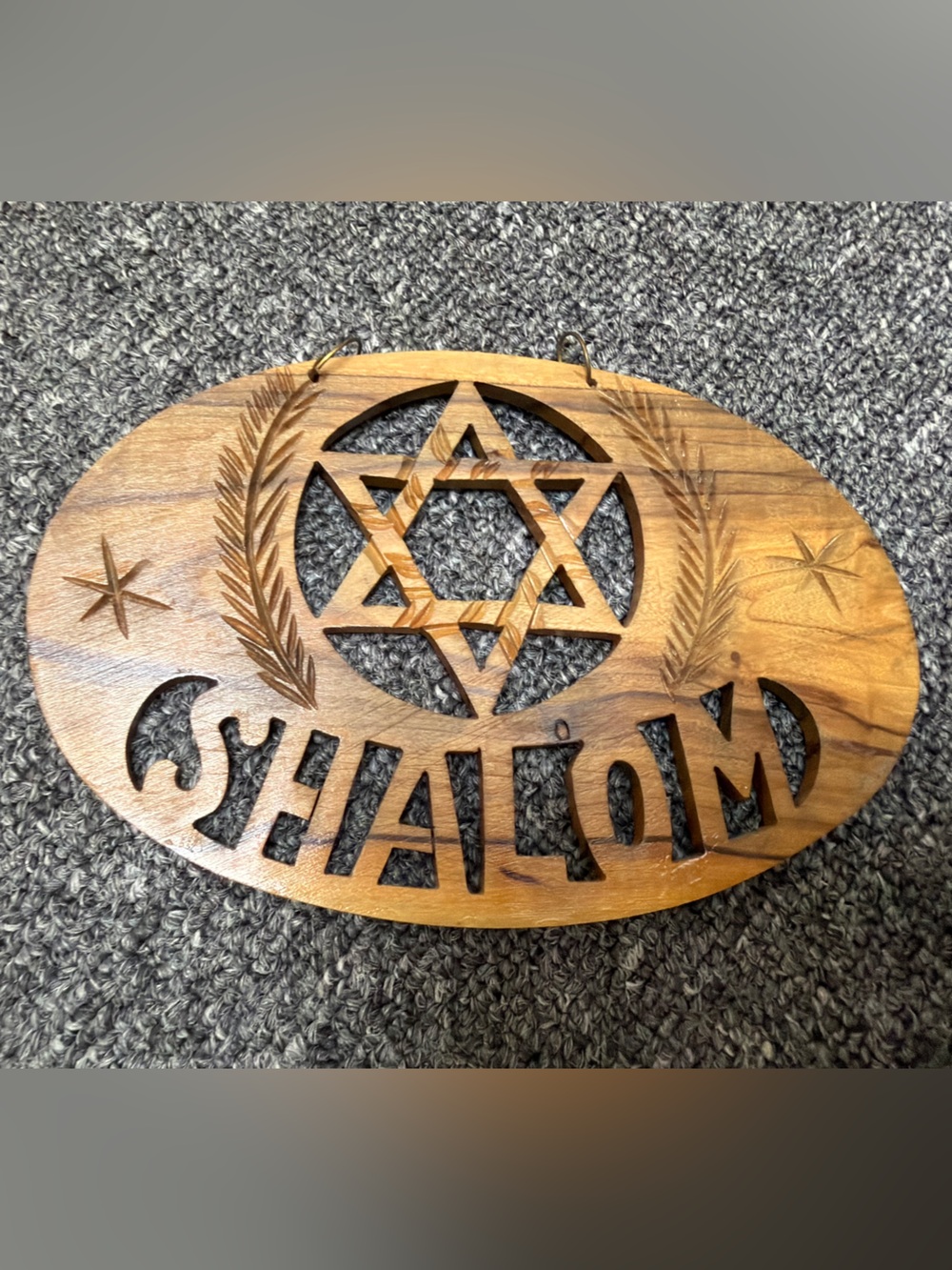 Shalom Wooden Wall Plaque - Natural Brown, gold rings to hang, Jewish star